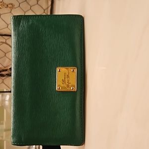 Vintage  Ralph Lauren Emerald Green Leather Slim Wallet RL Sloan Gold Nameplate